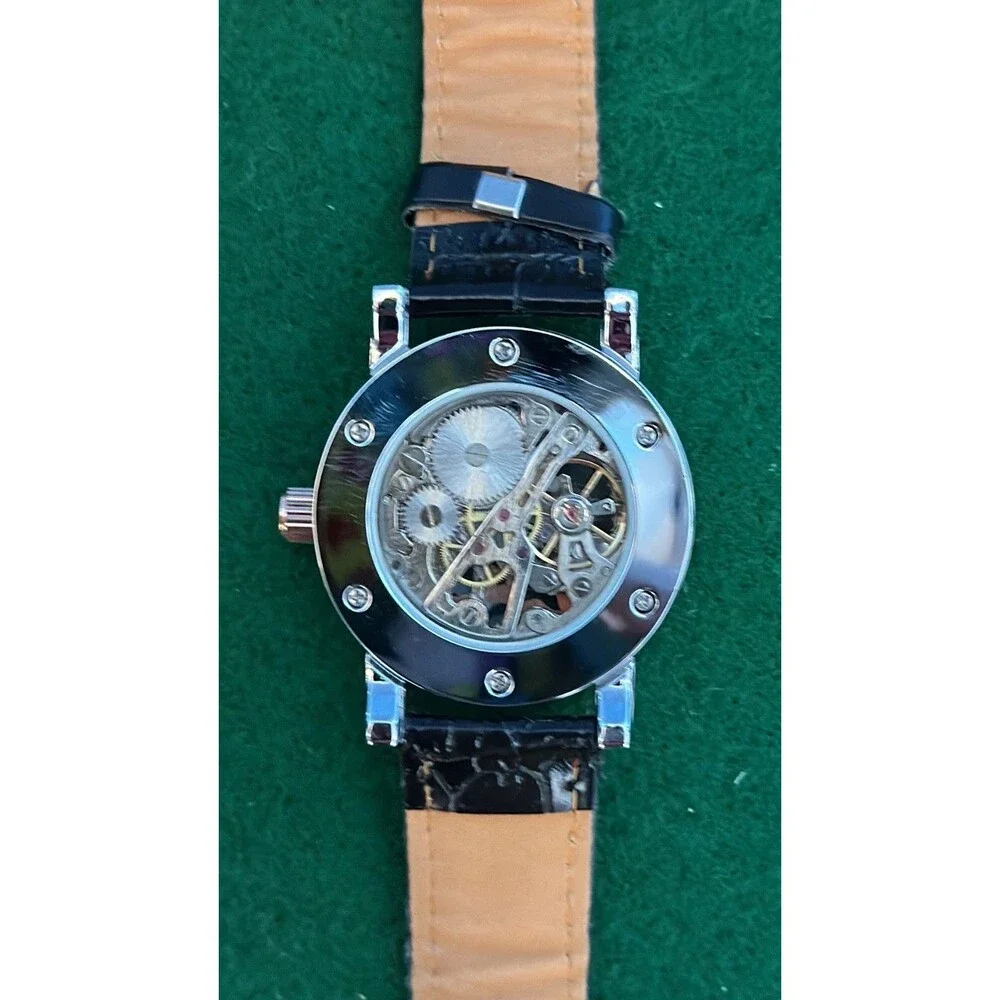 Men's Skeleton Quartz Waterproof Watch  Hollow Face Black Leather Band